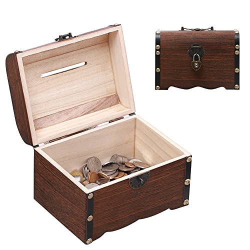 Treasure Chest Storage Box,Money Box,Locking Cash Box Piggy Bank, Gifts Solid Wood Toy Home Decor Kids with Lock Free Standing Vintage
