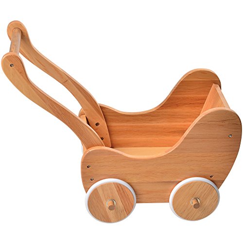 Constructive Playthings Wooden Doll Buggy with Rubber Edged Wooden Wheels, Ages 3 Years and Up