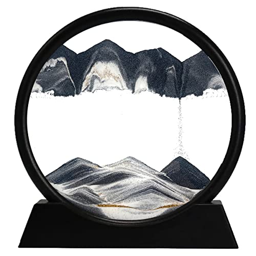 rysnwsu 3D Dynamic Sand Art Liquid Motion, Moving Sand Art Picture Round Glass 3D Deep Sea Sandscape in Motion Display Flowing Sand Frame Relaxing Desktop Home Office Work Decor (Black, 7'')