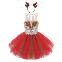 inlzdz Kids Girls Sleeveless Shiny Sequins Cartoon Elk Applique Mesh Tutu Dress with Hair Hoop Set for Christmas Red&Brown 6-7