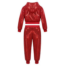 Load image into Gallery viewer, Agoky Children Girls Sequins Hip Hop Modern Jazz Street Dance Costume Outfit Kids Stage Performances Clothes Red Hooded Set 10-12
