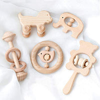 Natural Wooden Teether Rattles Gym Intellectual Puzzle Toys 5pc Set Montessori Toys Baby Shower Gift