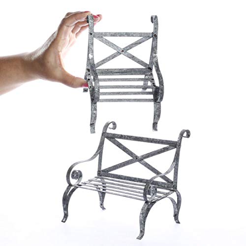 Factory Direct Craft Set of 2 of Miniature Gray Zinc Tin Bench and Chair Set
