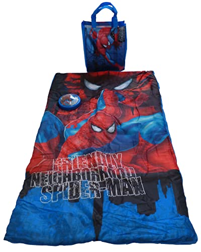 Idea Nuova Marvel Spiderman 3 Piece Slumber Tote Set with Sleeping Bag, Push Light and Reusable Tote Bag