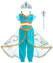 Load image into Gallery viewer, Soyoekbt Girls Princess Jasmine Costume Dress Up Birthday Party Outfit Halloween Party Costume blue 5-6 Years
