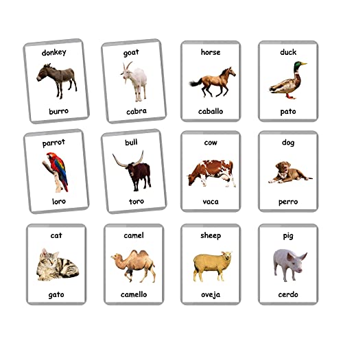 Farm Animals Flash Cards - 27 Laminated Flashcards | Homeschool | Montessori Materials | Multilingual Flash Cards | Bilingual Flashcards - Choose Your Language (Spanish + English)