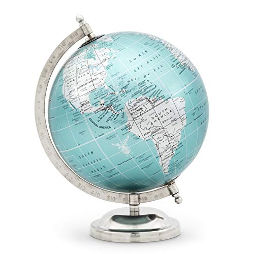 Abbott Collection 57-LATITUDE-09 Globe on Stand-Blue/Silver-11 H, 11 inches high, Aqua/silver