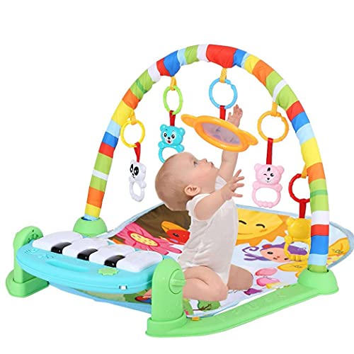 DSVF Green Baby Play Mat Activity Gym, Large Baby Game Pad Music Pedal Piano Music Fitness Rack Crawling Mat, Infant Kids Toddler Activity Center, Sit-Up Early Development Centers with Hanging Toys