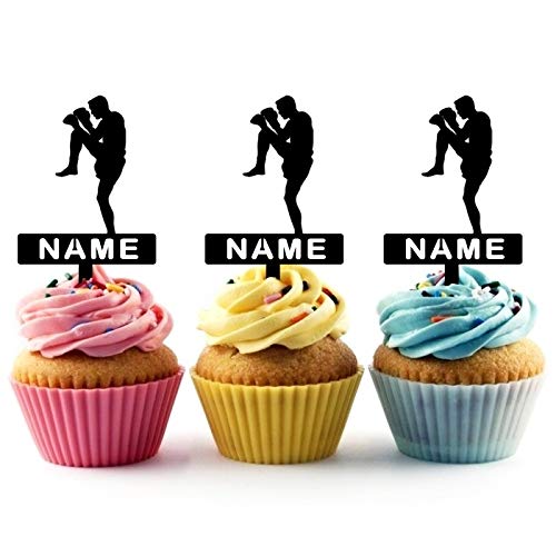 TA0205 Muay Thai Kickboxing Silhouette Party Wedding Birthday Acrylic Cupcake Toppers Decor 10 pcs with Personalized Your Name