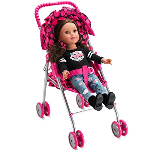 HUSHLILY - Foldable Baby Doll Stroller with Smooth Rolling Wheels with Adjustable Canopy & Basket - Pink & Black Polka Dots