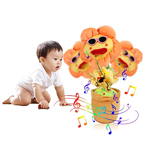 GESKS Musical Singing Dancing Talking Sunflower Toy Soft Plush Funny Creative Saxophone Repeat What You Say Volume Adjustable Toy for Baby Kids(13inch)