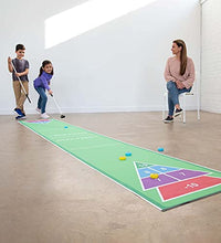 Load image into Gallery viewer, HearthSong Shuffle Zone Shuffleboard Family Game with 13 Foot Oxford Mat, Two Cues, and Eight Rolling Pucks
