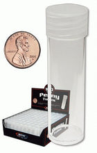 Load image into Gallery viewer, COIN STORAGE TUBES, clear plastic w/screw on tops for Pennies (Qty = 5 tubes)
