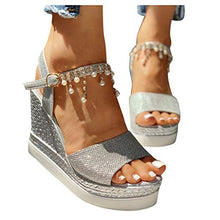 Load image into Gallery viewer, HIRIRI Womens Strappy Platform Wedge Sandals Open Toe High Heeled Gladiator Sandals Crystal Pearl Shoes Silver
