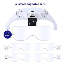 Load image into Gallery viewer, Headband Magnifier Glasses With LED Light, Head Mount Magnifier Handsfree Reading Magnifying Glasses with Light for Close Work Jeweler Loupe Craft Watch Repair Hobby 5 Lenses 1.0X 1.5X 2.0X 2.5X 3.5X
