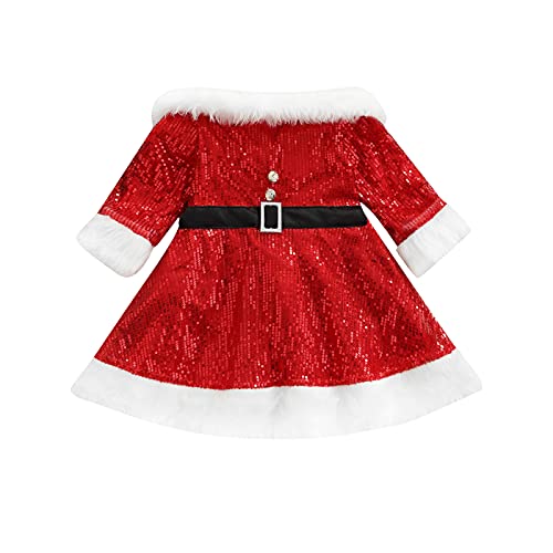HEZIOWYUN Toddler Girls Christmas Outfits Santa Dress Velvet Ruffle Sequin Princess Dresses Fur Trim Xmas Costume for Kids(Xmas Dress-10,3-4T)