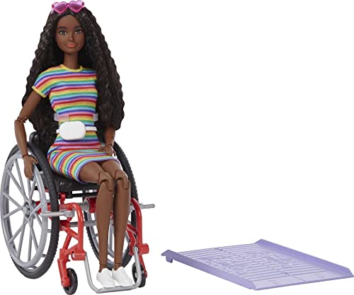 Barbie Fashionistas Doll #166 with Wheelchair & Crimped Brunette Hair Wearing Rainbow-Striped Dress, White Sneakers, Sunglasses & Fanny Pack, Toy for Kids 3 to 8 Years Old [Amazon Exclusive]