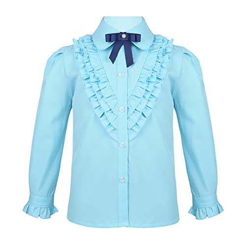 Yeahdor Kids Girls Preppy Style School Uniform Choir Shirts Blouse Birthday Turn-Down Collar Bowtie Tops Dailywear Sky_Blue 5