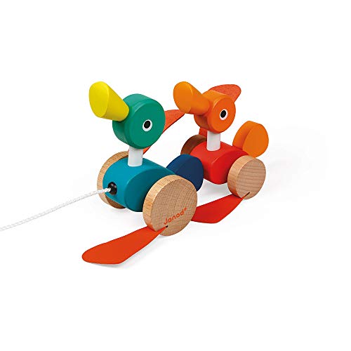 Janod Zigolos Pull Along Duck Family Early Learning and Motor Skills Toy with Flapping Feet Made of FSC Certified Beech and Cherry Wood for Ages 12 Months+