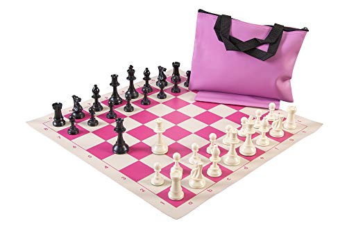 The House of Staunton Standard Chess Set Combination - Solid Plastic Regulation Pieces/Vinyl Chess Board/Standard Bag (Pink)