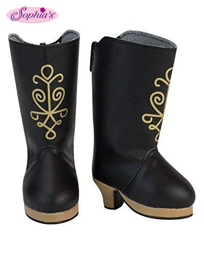 Sophia's 18 Inch Doll Black Heel Boots with Gold Metallic Print Screen Design, Black Boots with Heel