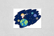 Load image into Gallery viewer, KwikMedia Illustration of a Kid Boy Using a Telescope on Top of The World Looking at The Planets and Stars in The Space
