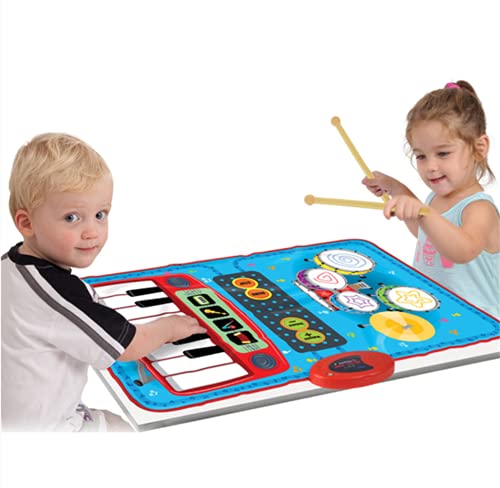 2-in-1 Drum & Keyboard Piano Comb Play Mat Music Dance Mat, Early Educational Toys for Toddler Girls Boys, with 5pcs Drum Set, 5 Demos