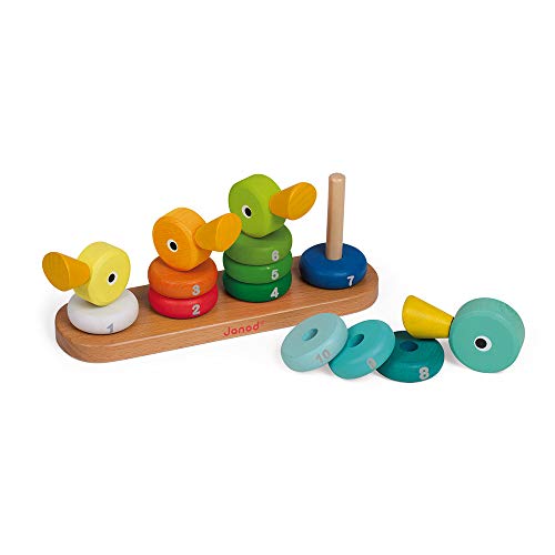 Janod Duck Family Stacker - Adorable Classic Wooden Stacking Toy - Educational Toy Encourages Color and Number Recognition - Helps Early Childhood Development and Hand-Eye Coordination - Ages 1+ years