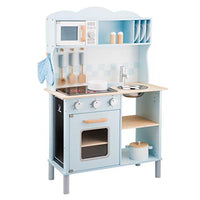 New Classic Toys Blue Wooden Pretend Play Toy Kitchen for Kids with Role Play Bon Appetit Electric Cooking Included Accesoires Makes Sound