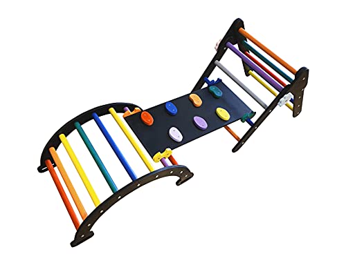 WoodenLikes Set of 3 Pickler Climbing Triangle for Kids & Toddlers - Montessori Climber Jungle Gym Slide Arch Ramp Indoor Playground - Climbing Toys for Kids Toddlers (Size M) (Black/Rainbow)