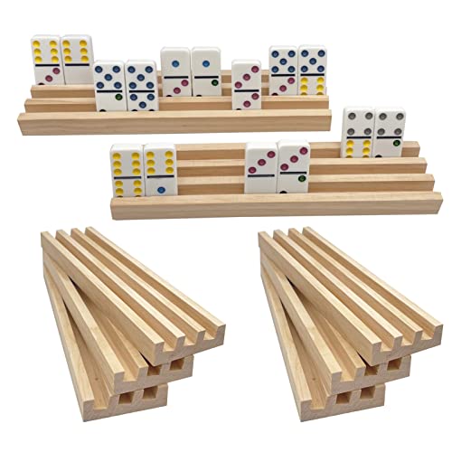 JUNWRROW Premium Pinewood Domino Racks/Trays - Set of 8 for Mexican Train Dominoes, Chickenfoot Dominoes and Other Domino Games - Dominoes NOT Included