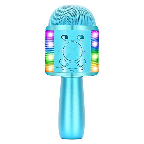 BONAOK Karaoke Microphone for Kids, Portable Wireless Bluetooth Singing Mic with Flashing Lights & Magic Voices, Fun Toy for Girls and Boys Home Party Birthday Christmas V07(Blue)