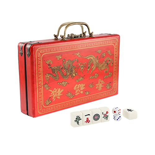 IRONWALLS Chinese Mahjong Set with 144pcs 0.9 Mini Mahjong Tiles, Portable Vintage Traditional Mahjong Majong Mah Jongg Set with 2pcs Dice & Wooden Carrying Case for Travel Family Party Game