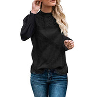 Womens Tops Lace Patchwork Pullover Fashion Long Sleeve Shirts Solid Cute Floral Casual Blouse Loose Tunic Black L