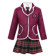 Load image into Gallery viewer, easyforever Boys Girls British School Uniform Long Sleeve Wide Lapel Coat with Shirt Tie Mini Skirt Set Burgundy 4-5
