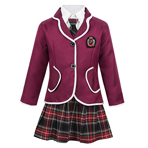 easyforever Boys Girls British School Uniform Long Sleeve Wide Lapel Coat with Shirt Tie Mini Skirt Set Burgundy 4-5
