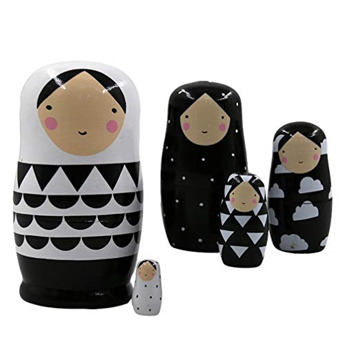 NUOBESTY Russian Nesting Doll Set, Black and White Russian Doll Decoration Ornaments Kids Educational Toys 5Pcs