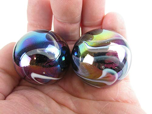 2 BOULDERS 35mm Milky Way Marbles Glass Ball Oil Slick Large Huge Swirl