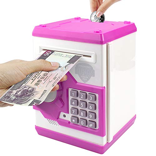 Sikaye Piggy Banks Best Gift for Kids Children Electronic Code Lock Money Banks with Password Mini ATM Money Save for Paper Money and Coins, Great for Boys & Girls (White/Pink)