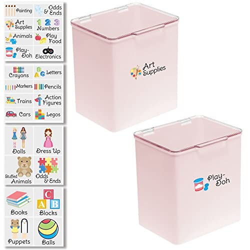 mDesign Plastic Stackable Storage Organizer Toy Box with Lid for Action Figures, Crayons, Markers, Building Blocks, Puzzles, Craft or School Supplies - Pack of 2, Includes 32 Labels - Light Pink/Clear