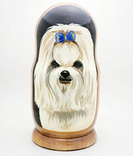 Load image into Gallery viewer, Maltese Dog Breed Nesting Stacking Dolls Russian Hand Carved Hand Painted 5 Piece Matryoshka Dog Set / 7&quot; H
