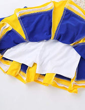 Load image into Gallery viewer, Haitryli Kids Girls Sleeveless Team Uniform Top with Pleated Skirt Socks Set Cheerleading Fancy Dress Up Yellow&amp;Blue 8-10
