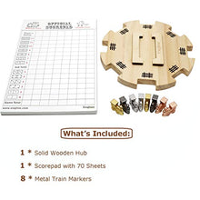 Load image into Gallery viewer, Exqline Mexican Train Dominoes Accessories - with 6.5&quot; Pine Mexican Train Hub, 70-Sheets Mexican Train Score Pads and 8 Colored Die-Cast Train Markers, for Mexican Dominoes Train Game Set
