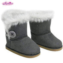 Load image into Gallery viewer, Sophia&#39;s Stylish 18 Inch Doll Boots Fits 18 Inch American Girl Dolls &amp; More Doll Shoes of Gray Suede Style Boots W/ Button &amp; White Fur by My Doll&#39;s Life
