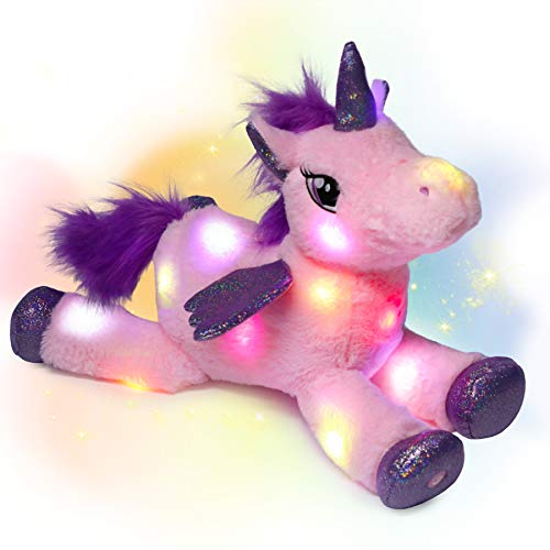 Hopearl LED Plush Unicorn Light up Stuffed Animal Floppy Night Lights Glow in The Dark Birthday Festival for Kids Toddler Girls, Pink, 16''