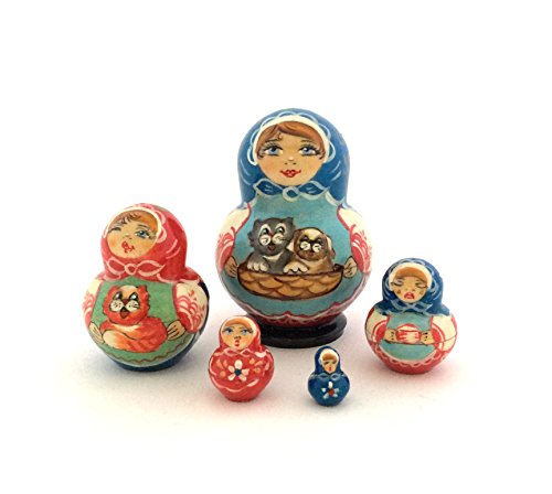 Nesting Dolls Russian Hand Carved Hand Painted 5 Piece Set CAT and Dog Lovers