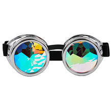 Load image into Gallery viewer, Eye Love Shadez Round Kaleidoscope Steampunk Goggles, Rave &amp; Festival Glasses, Rainbow Crystal Lens, for Men &amp; Women, Micro-Fiber Case Included (Silver)
