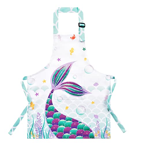 Mermaid Apron for Kids Girls Polyester Waterproof Apron for Kitchen Cooking Painting Gardening Baking Baby Toddler Bib Aprons with Pocket Adjustable Strap(Small, 6-10 Years)
