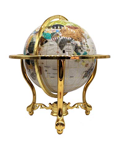 Unique Art 21-Inch Tall Pearl Ocean Table Top Gemstone World Globe with Gold Tripod