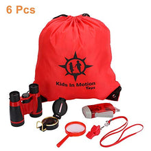 Load image into Gallery viewer, VGEBY1 6Pcs Binoculars Set, Toy Binoculars Exploring Set Educational Gift with Hand Crank Flashlight, Compass, Magnifying Glass, Drawstring Backpack, Whistle for Kids Children(Red)
